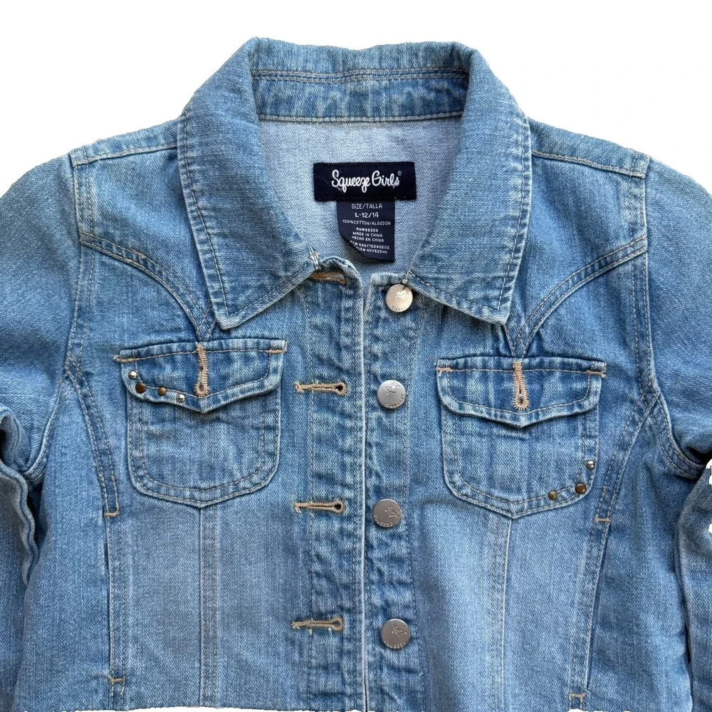 Squeeze Girls Cropped Denim Jacket Size L 12/14 Studded Distressed Raw Hem Jean